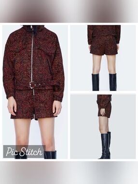 Zara Basic Red and Black Leopard Jacquard Shorts with Front Zip